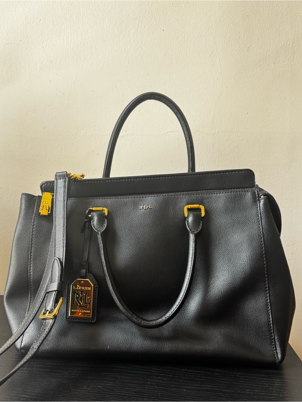 Ralph Lauren Black Leather Satchel with Gold Accents